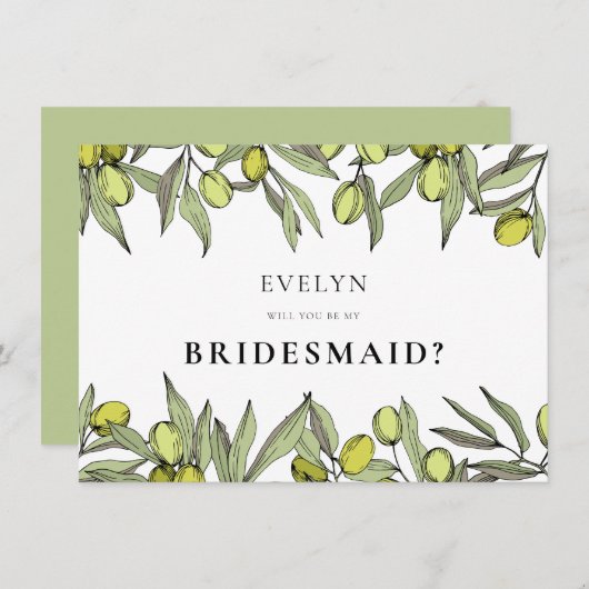 Bridesmaid-Karte für die moderne Olivenbranche Einladung (Vorne/Hinten)
