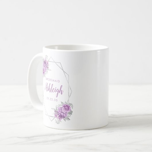 Bridesmaid Lavender Floral Geometric Silver Frame Kaffeetasse (Vorderseite Links)