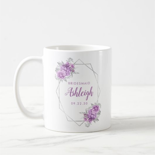 Bridesmaid Lavender Floral Geometric Silver Frame Kaffeetasse (Links)
