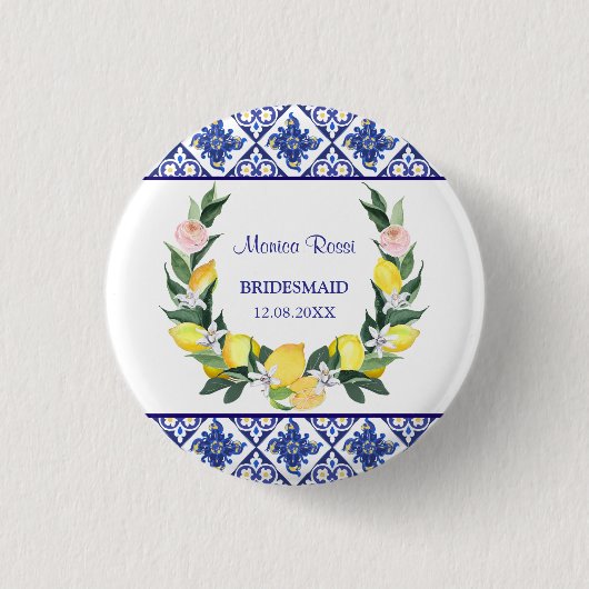 Bridesmaid Lemon Blue Italian Tiles Brautparty Button (Vorderseite)