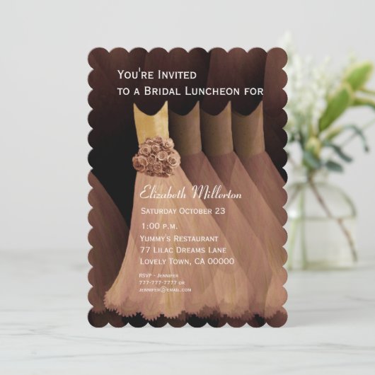 Bridesmaid Luncheon Brunch Golden Tan Dress V05 Einladung (Stehend Vorderseite)