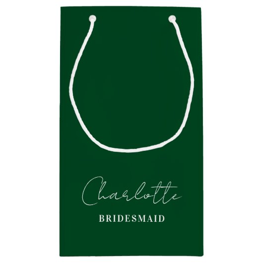 Bridesmaid | Minimalistisches Script Emerald Green Kleine Geschenktüte (Rückseite)