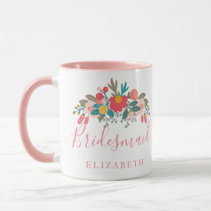 Bridesmaid mit Name Pink Floral Bouquet Tasse