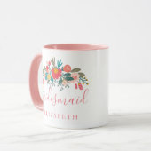 Bridesmaid mit Name Pink Floral Bouquet Tasse (Vorderseite Links)