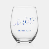 Bridesmaid Modern Blue Script Name Brautparty Weinglas Ohne Stiel (Vorderseite)