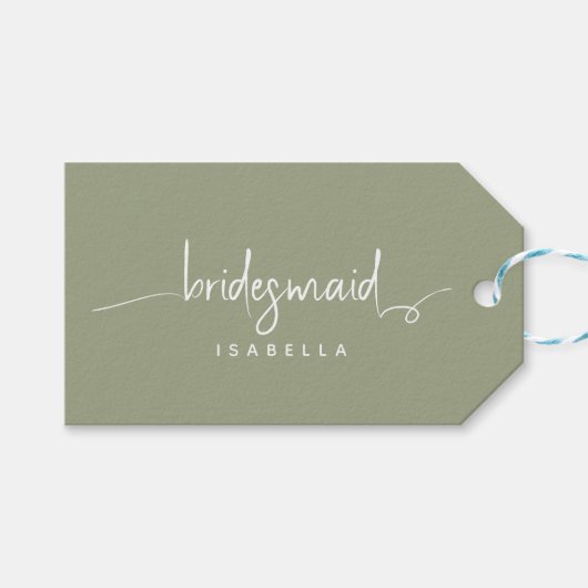 Bridesmaid Modern Minimalistisch Script Sage Green Geschenkanhänger (Vorderseite (Horizontal))