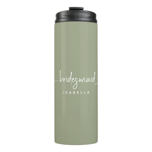 Bridesmaid Modern Minimalistisch Script Sage Green Thermosbecher (Vorderseite)