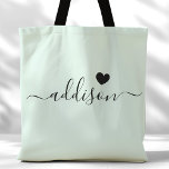 Bridesmaid Modern Script Heart Pale Minze Tasche<br><div class="desc">Diese schicke Tote-Tasche ist mit einem wunderschönen Hintergrund aus blasser Minze, einem modernen Script-Schriftart und einem zarten Herzdesign geschmückt. Die weiche, elegante Farbe und die ausgeklügelte Typografie machen sie zu einem idealen Accessoire für Brautmädchen oder alle, die stilvolle und trendige Designs Liebe haben. Dieser Totbeutel ist ideal für den Transport...</div>