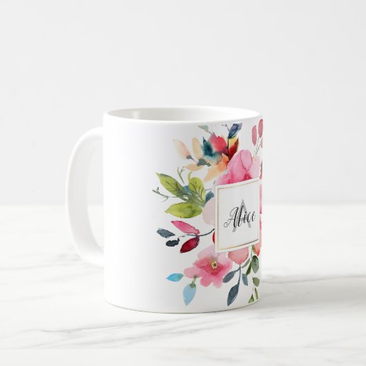 Bridesmaid Monogram Wasserfarbe Frühlingsblumen Kaffeetasse (Vorderseite Links)