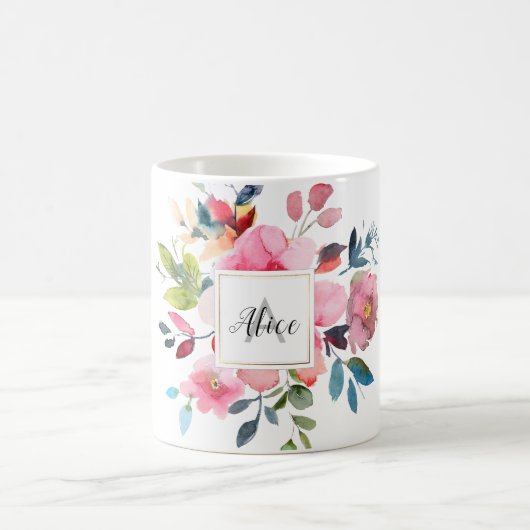 Bridesmaid Monogram Wasserfarbe Frühlingsblumen Kaffeetasse (Mittel)