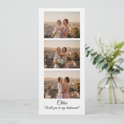 Bridesmaid Photo Strip 3 Photo Proposal Card Einladung (Stehend Vorderseite)