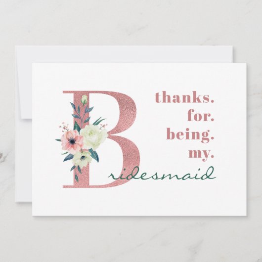 Bridesmaid Pink Floral Letter Wedding Dankeskarte (Vorderseite)