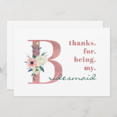 Bridesmaid Pink Floral Letter Wedding Dankeskarte (Vorne/Hinten)
