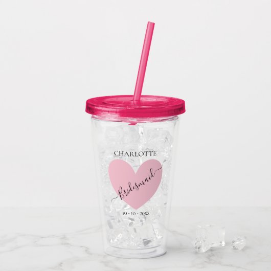 Bridesmaid Pink Heart Brautparty Personalisiert Acryltrinkbecher (Rückseite Ice)