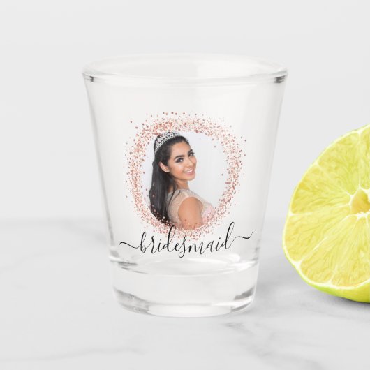 Bridesmaid Rose Gold Foto Glitzer Namenskript Schnapsglas (Vorderseite)