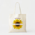 Bridesmaid Rustic Floral Sunflower Personal Tragetasche<br><div class="desc">Sonnenblume Rustikale Hochzeitsmaid Tote Tag. Eine hellgelbe Sonnenblume ist der Hintergrund für diese maßgeschneiderte Bridesmaid Tote Bag . Das Design ist rustikal. Alle Informationen können für Ihre persönliche Bridesmaid Tote Bag geändert werden. Hell und einladend ,  exzellente Gastgeschenk Hochzeit von Bridesmaid.</div>