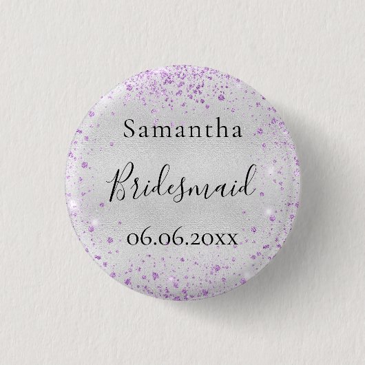 Bridesmaid silber violett funkeln eleganten Namen Button (Vorderseite)
