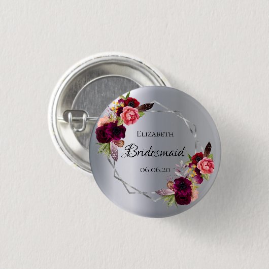 Bridesmaid Silberfloralen bordeauxrot Button (Vorne & Hinten)