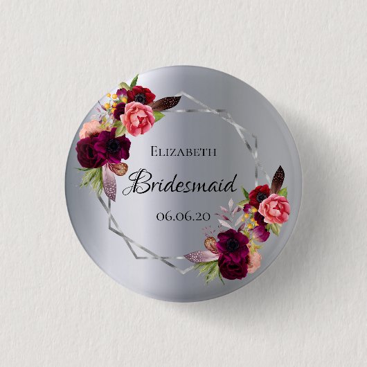 Bridesmaid Silberfloralen bordeauxrot Button (Vorderseite)