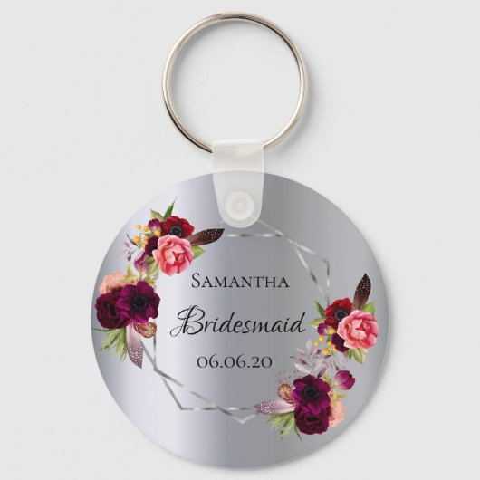 Bridesmaid Silberfloralen bordeauxrot Schlüsselanhänger (Vorderseite)