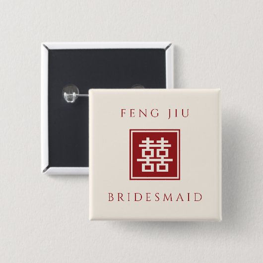 BRIDESMAID Square Double Happiness Chinese Wedding Button (Vorne & Hinten)