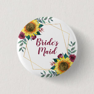 Bridesmaid Sunflower Geometric Burgundy Button