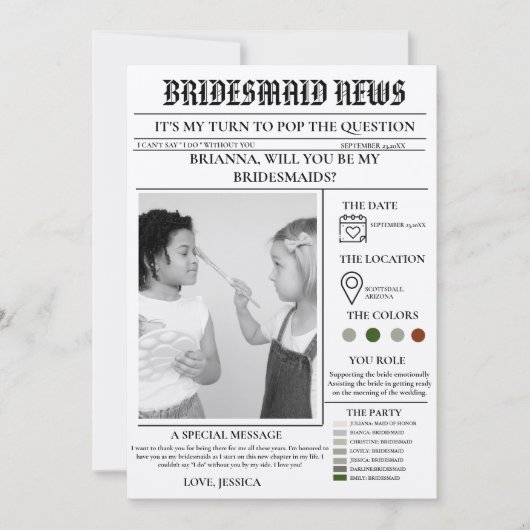 Bridesmaid-Vorlage Zeitung+Bridesmaid-Info-Karte Einladung (Vorderseite)