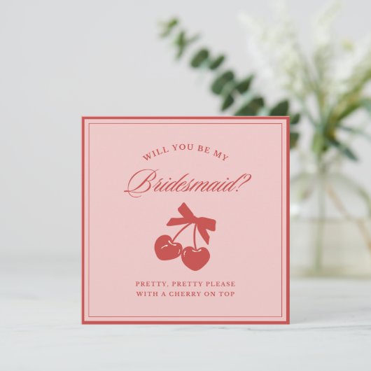 Bridesmaid-Vorschlag Coquette Cherry & Bow Pink Einladung (Stehend Vorderseite)