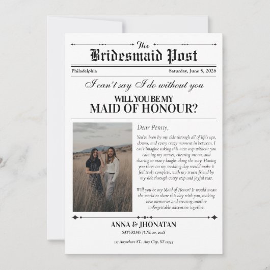 Bridesmaid Vorschlag Newspaper Foto Retro Einladung (Vorderseite)