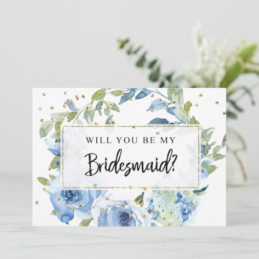 Bridesmaid-Vorschlagskarte | Blaue Vegetation Einladung (Stehend Vorderseite)