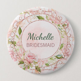Bridesmaid Watercolor Rose Gold Pink Floral Button
