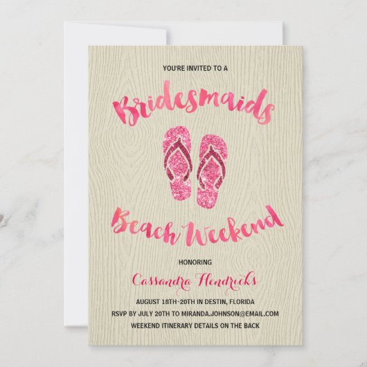 Bridesmaier Beach Weekend mit Pink Imitats Glitzer Einladung (Vorderseite)