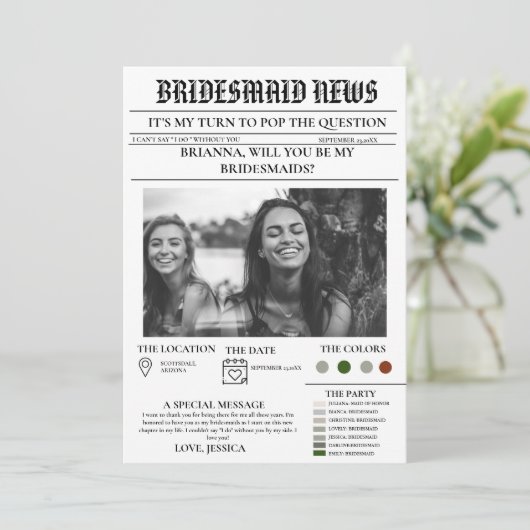 Bridesmais Vorschlag Zeitung+Informationskarte Bri Einladung (Stehend Vorderseite)
