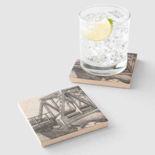 Bridge alte pencilart Monochrome Schwarz & Weiß Steinuntersetzer (Seitenansicht)