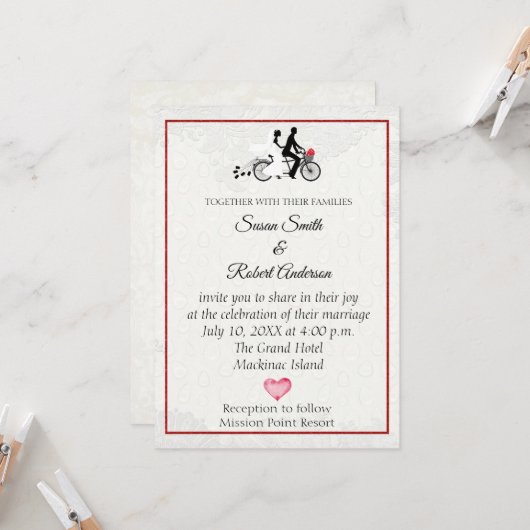 Bridge and Groom on Tandem Bicycle Wedding Invitat Einladung (Vorderseite/Rückseite Beispiel)
