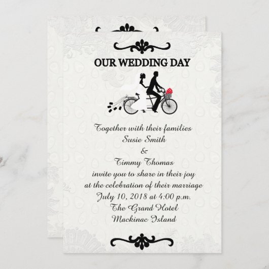 Bridge and Groom on Tandem Bicycle Wedding Invitat Einladung (Vorne/Hinten)