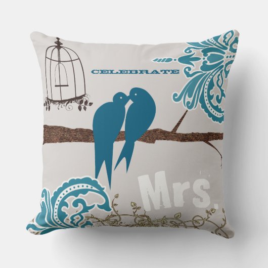 Bridge Aquamarin Damask Kissing Love Birds Birdcag Kissen (Vorderseite)