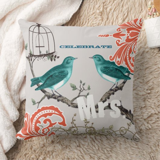 Bridge Aquamarin & Mandarine Damask Love Bird Bird Kissen (Decke)