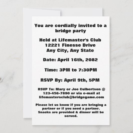 Bridge Game Event Einladen von Template Four Card Einladung (Rückseite)