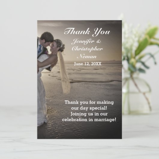 Bridge & Groom Grayed Sunset Beach Danke Karte (Stehend Vorderseite)