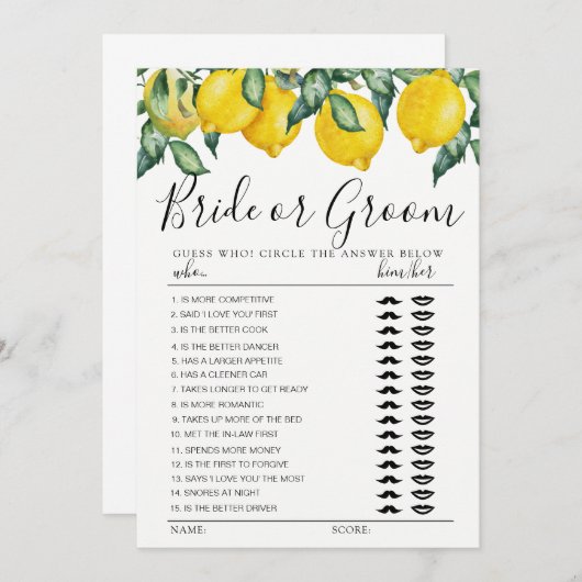 Bridge oder Groom Spiel Vollblut Lemons bearbeitba Einladung (Vorne/Hinten)
