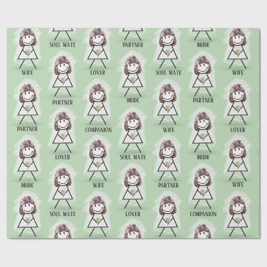 Bridge-Strichfigur-Mädchen mit Bridal-Text auf Grü Geschenkpapier (Flach)