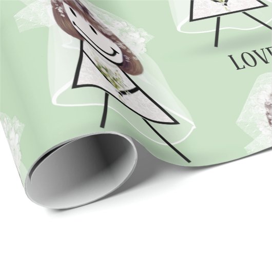 Bridge-Strichfigur-Mädchen mit Bridal-Text auf Grü Geschenkpapier (Rolleneckpunkt)