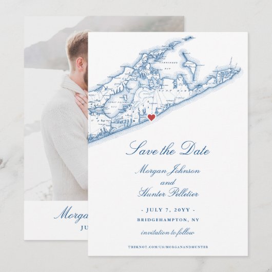 Bridgehampton NY Map Navy Blue Wedding Save The Date (Vorne/Hinten)