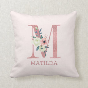 Brief M Rosa Wasserfarbe Florales Monogramm Kinder Kissen