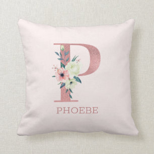 Brief P Rosa Wasserfarbe Florales Monogramm Kinder Kissen