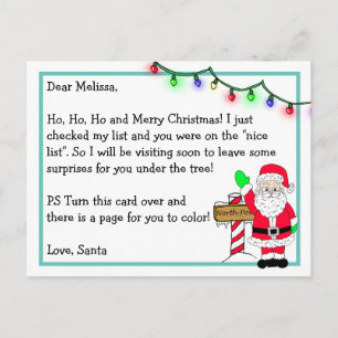 Brief von Santa für Kinder + Malvorlage auf der Rü Postkarte