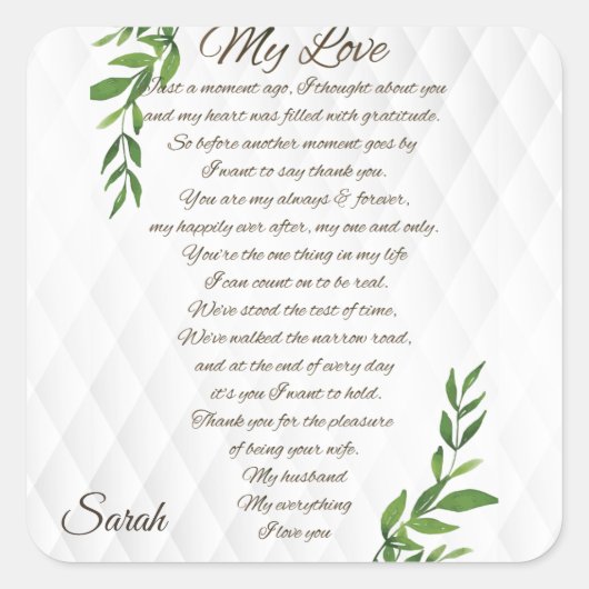 Briefe an meine Husband-Liebe Quadratischer Aufkleber (Vorderseite)