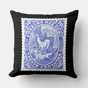 Briefmarke aus Peru mit Llamas Blue Kissen