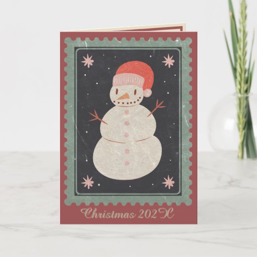 Briefmarke Snowman Weihnachtskarte Rot & Grün Karte (Vorderseite)